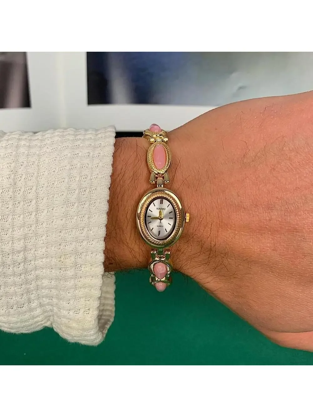 Y2k style Dainty cute Gold style tone quartz watch with pink jade stone opal acc